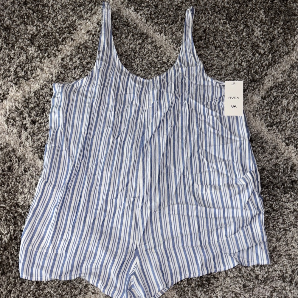 RVCA Women's Blue and White Striped Tank Top